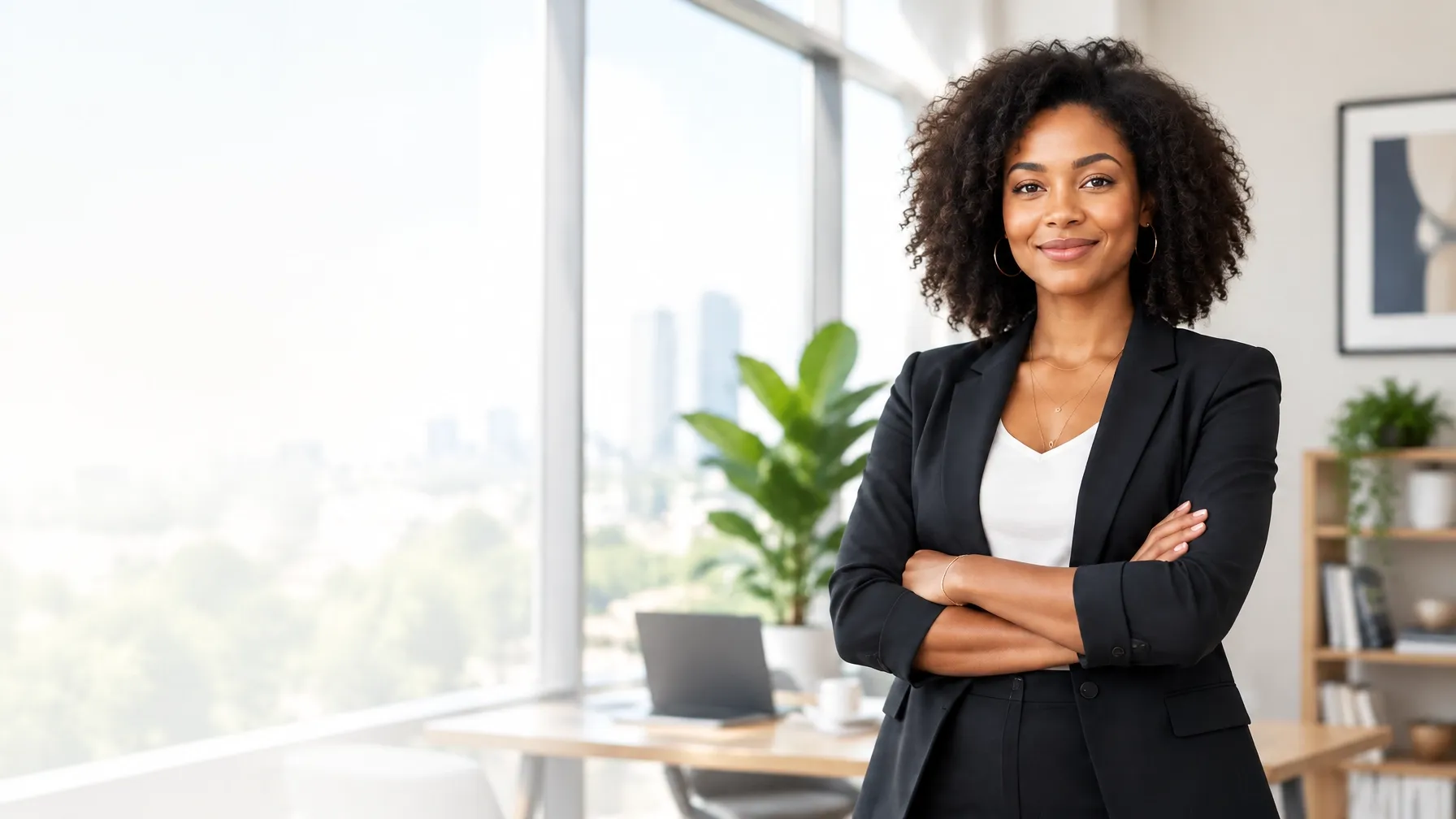 Small-business owner standing confidently in a bright office